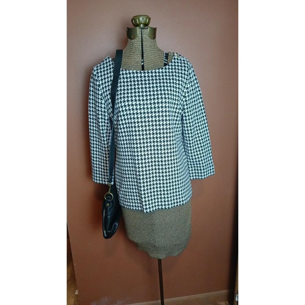 Talbots Womens Houndstooth Knit Top Black White 3/4 Sleeve Gold Shoulder Zip M